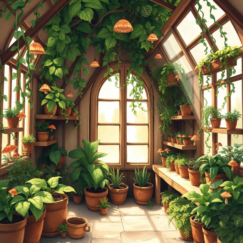 A cozy goblin greenhouse filled with lush thriving plants
