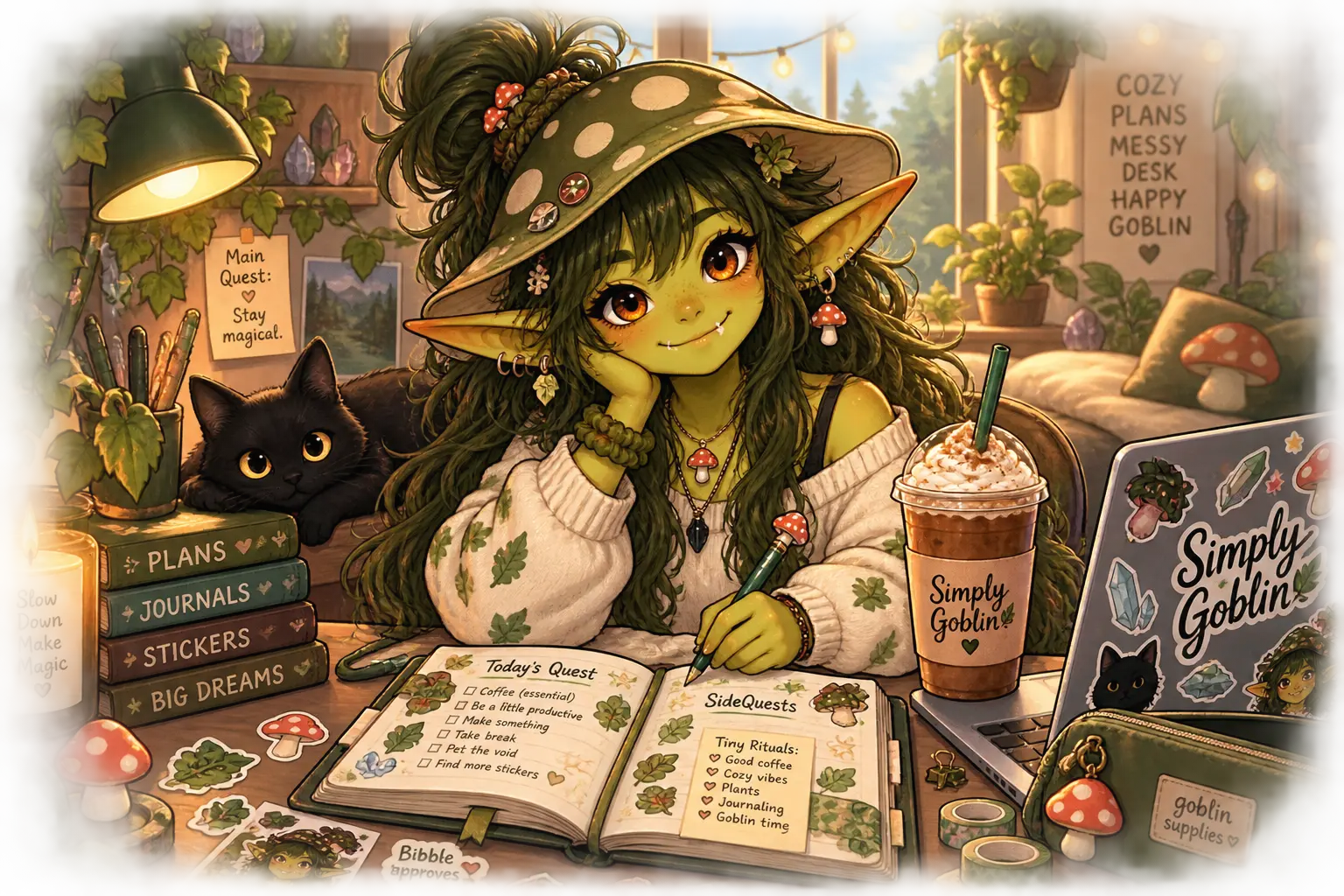 Bibble, the Simply Goblin mascot, journaling at a cozy desk surrounded by planners, stickers, and a black cat